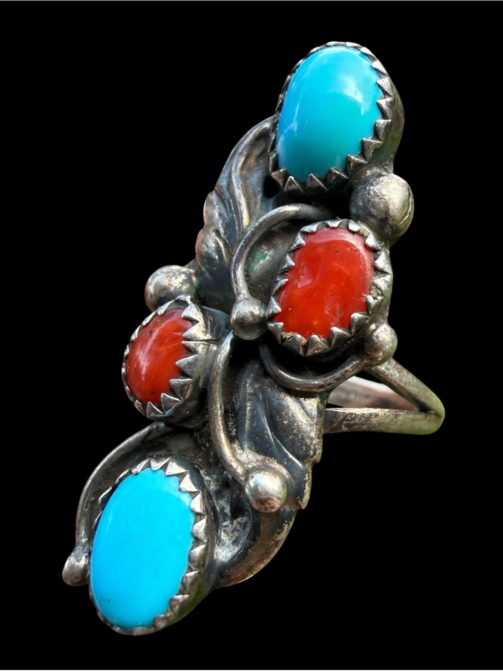 Sz 8 Signed Navajo Annie Chapo Sterling Silver Turquoise & Coral Feather Ring